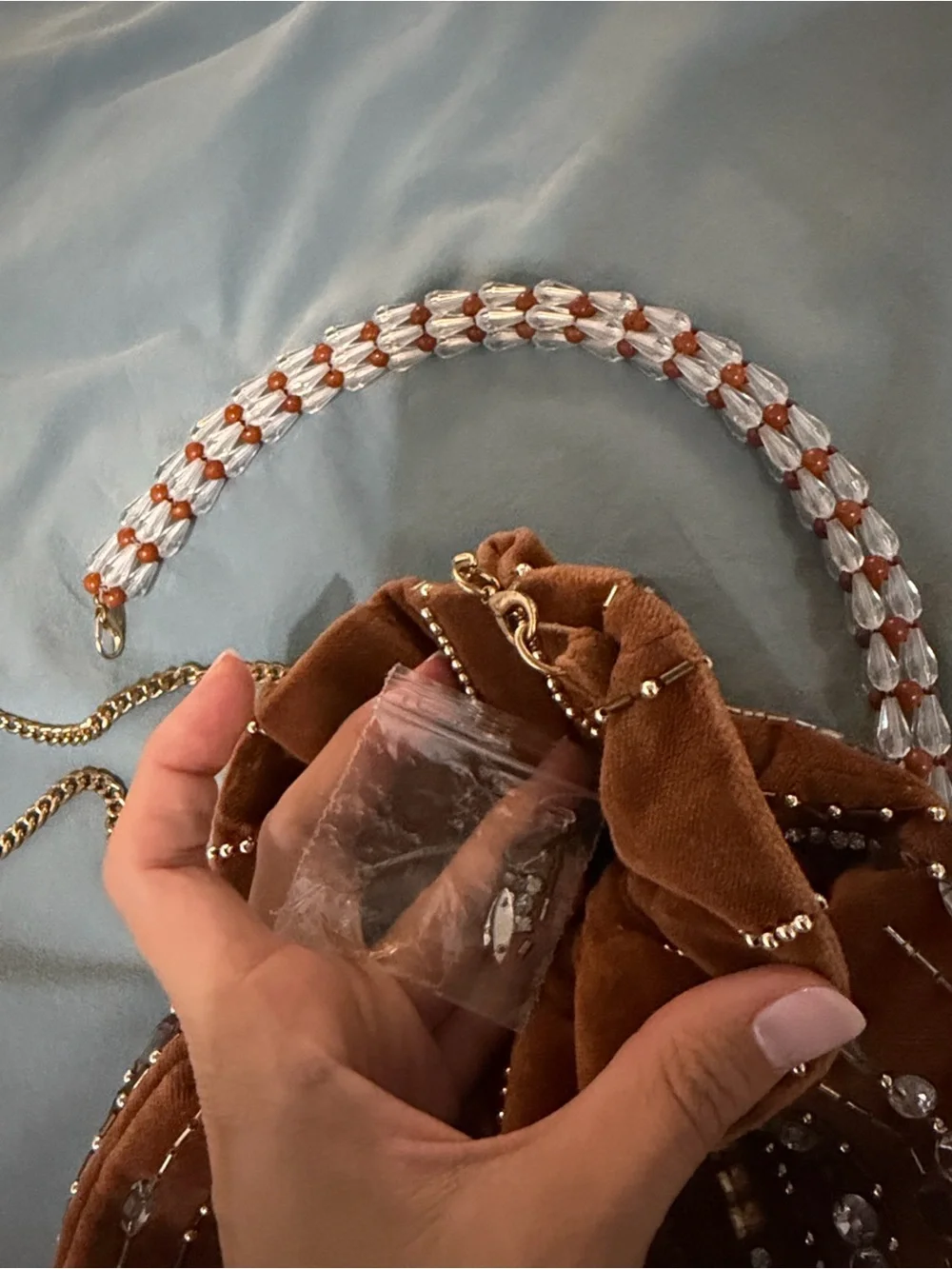 Embellished Brown Velvet Drawstring Bag with Gold Chain, Attachable Top Handle